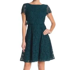 Shani NWT Popover Lace Fit Flare Dress Azure Blue Size 4 Short Sleeve Boat Neck